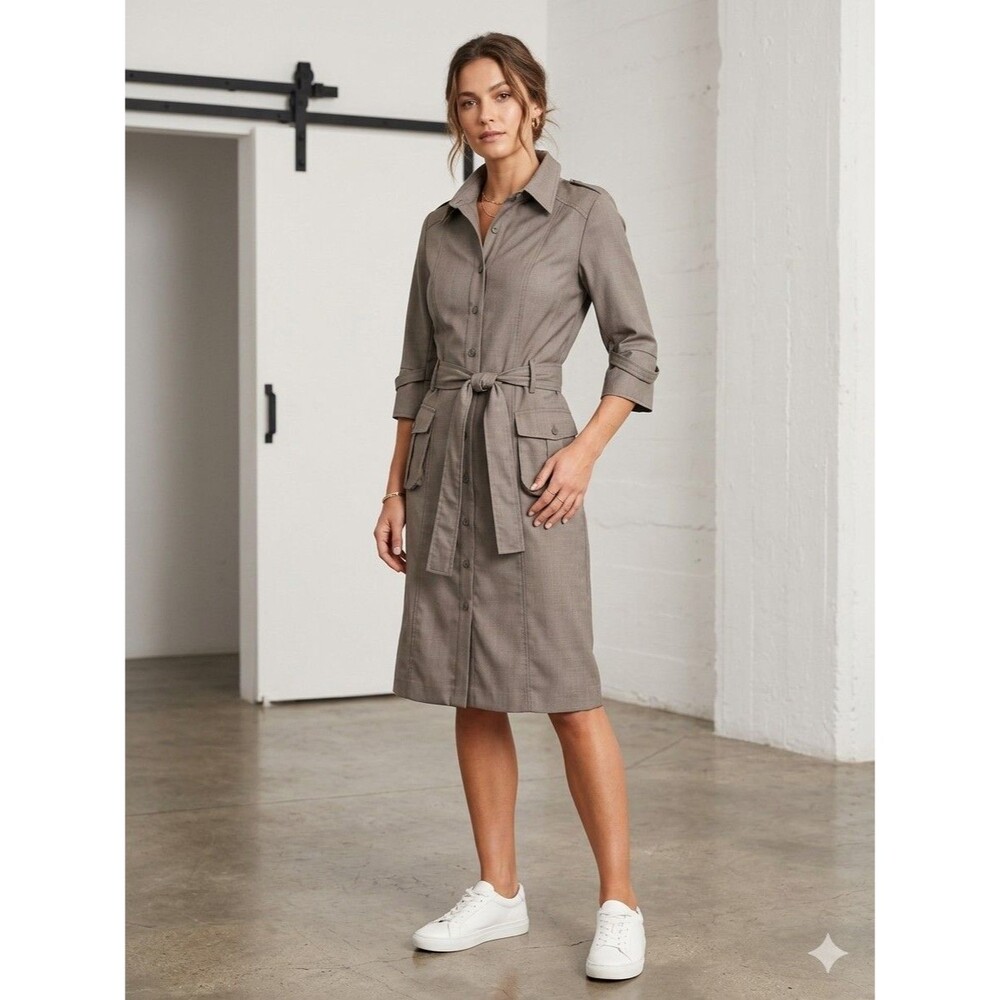 Allura Gray Belted Trench Dress Button Down Midi